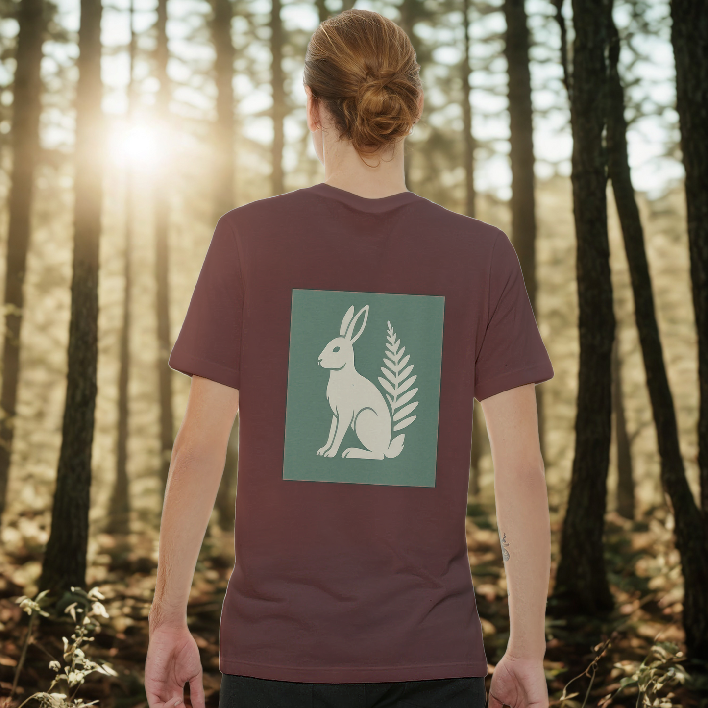 Nordic Hare and Flower beige on green print – Minimalist Lightweight Marron T-Shirt by Varg & Vitsippa
