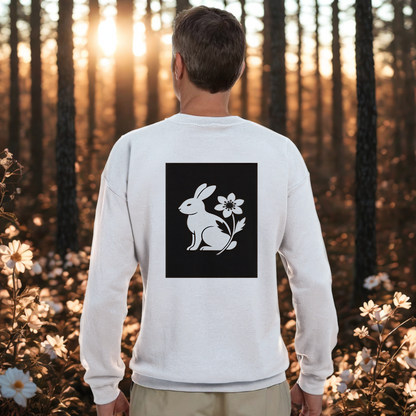 Nordic Hare and Flower White on Black Print – Minimalist White Crewneck by Varg & Vitsippa