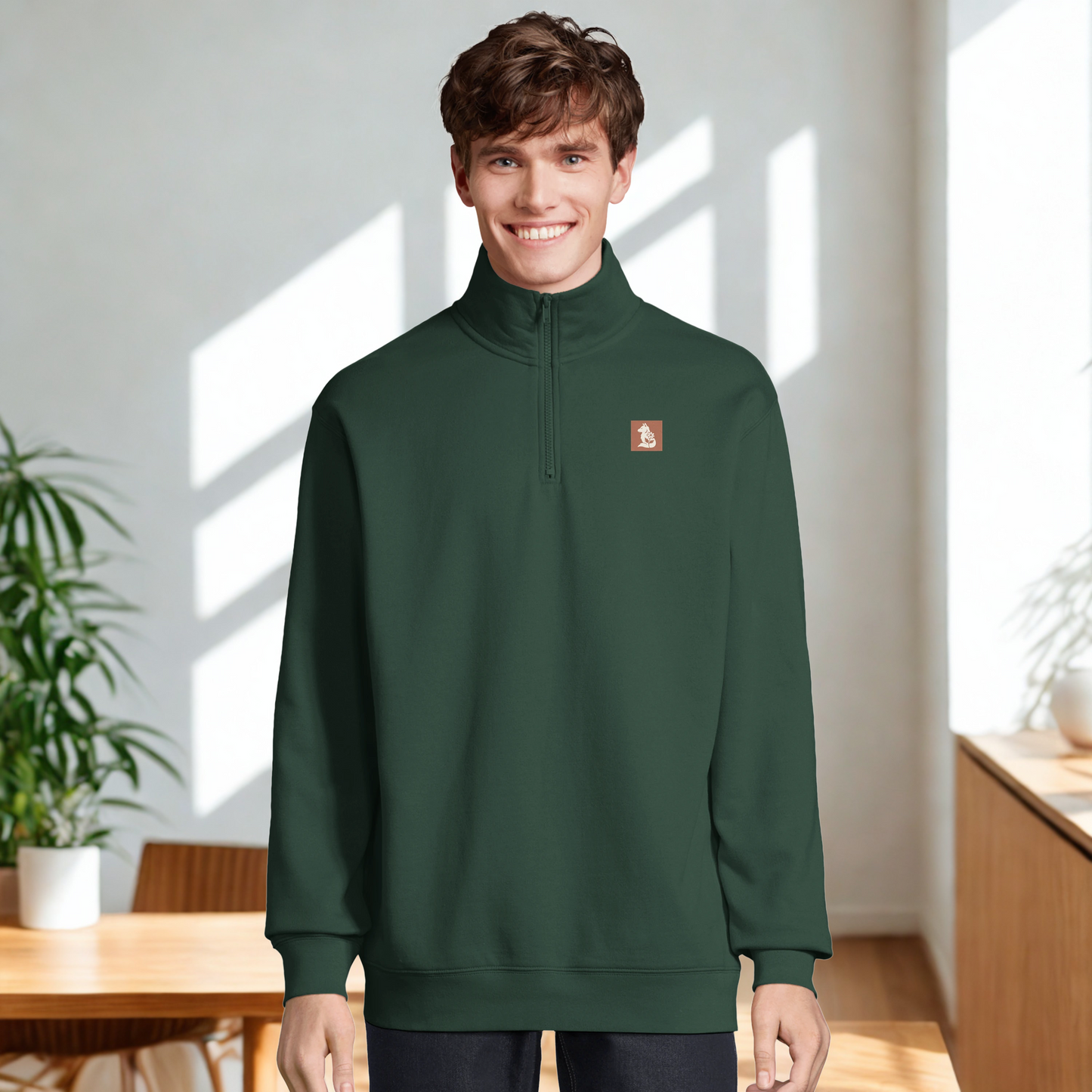Nordic Wolf and Flower Sweatshirt beige on brown print – Minimalist Forest Green Quarter-Zip Sweatshirt by Varg & Vitsippa