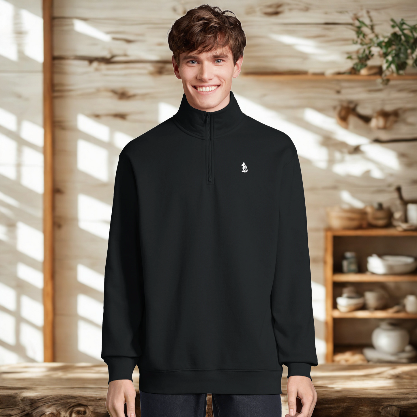 Nordic Wolf and Flower Minimalistic White print – Unisex Black Quarter-Zip Sweatshirt