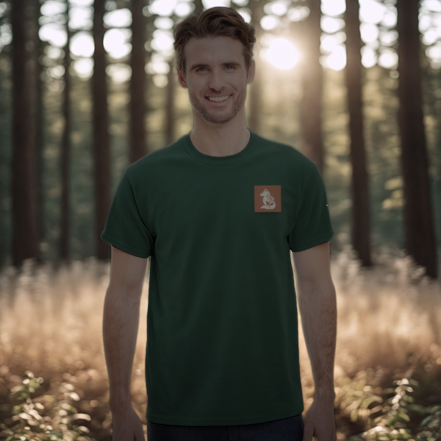 Nordic Wolf and Forest Flower beige-on-brown Print – Minimalist Heavyweight Forest Green T-Shirt by Varg & Vitsippa