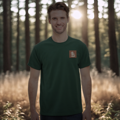 Nordic Wolf and Forest Flower beige-on-brown Print – Minimalist Heavyweight Forest Green T-Shirt by Varg & Vitsippa