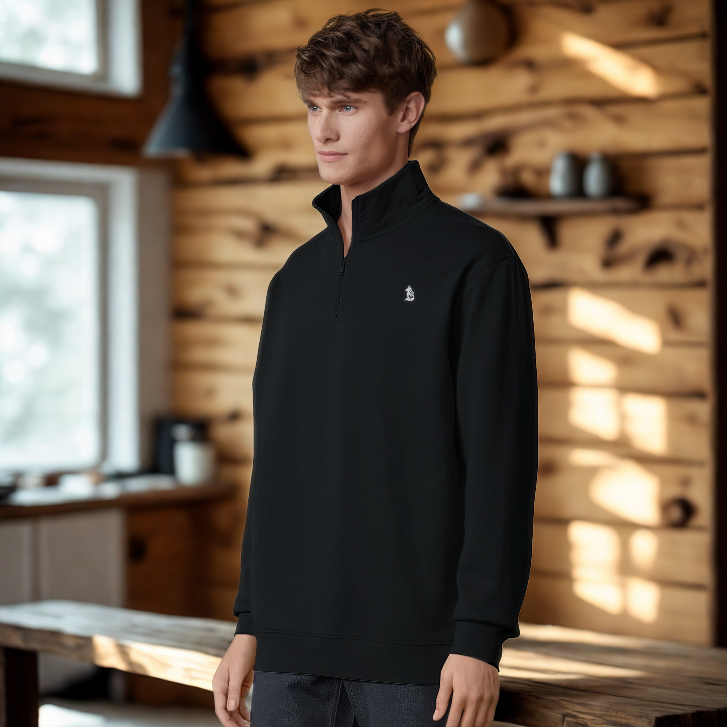 Nordic Wolf and Flower Minimalistic White print – Unisex Black Quarter-Zip Sweatshirt