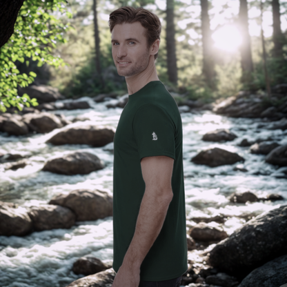 Nordic Wolf and Forest Flower beige-on-brown Print – Minimalist Heavyweight Forest Green T-Shirt by Varg & Vitsippa
