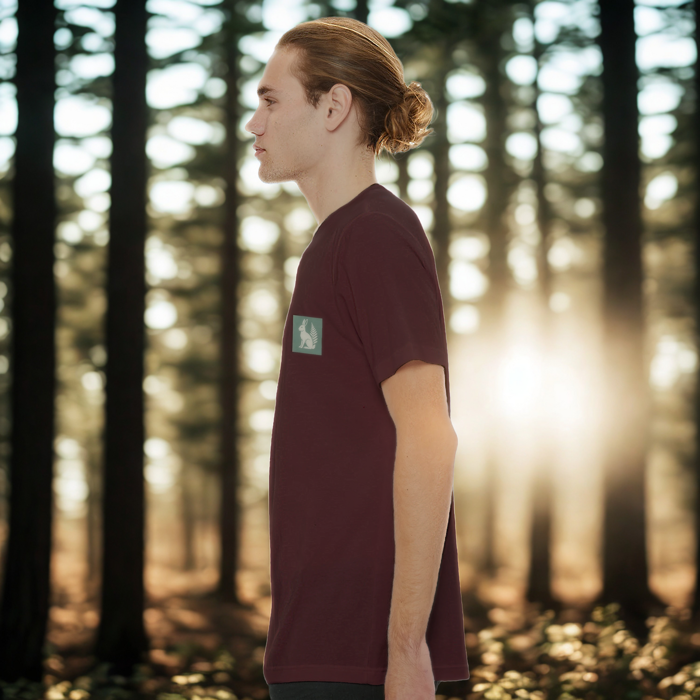 Nordic Hare and Flower beige on green print – Minimalist Lightweight Marron T-Shirt by Varg & Vitsippa