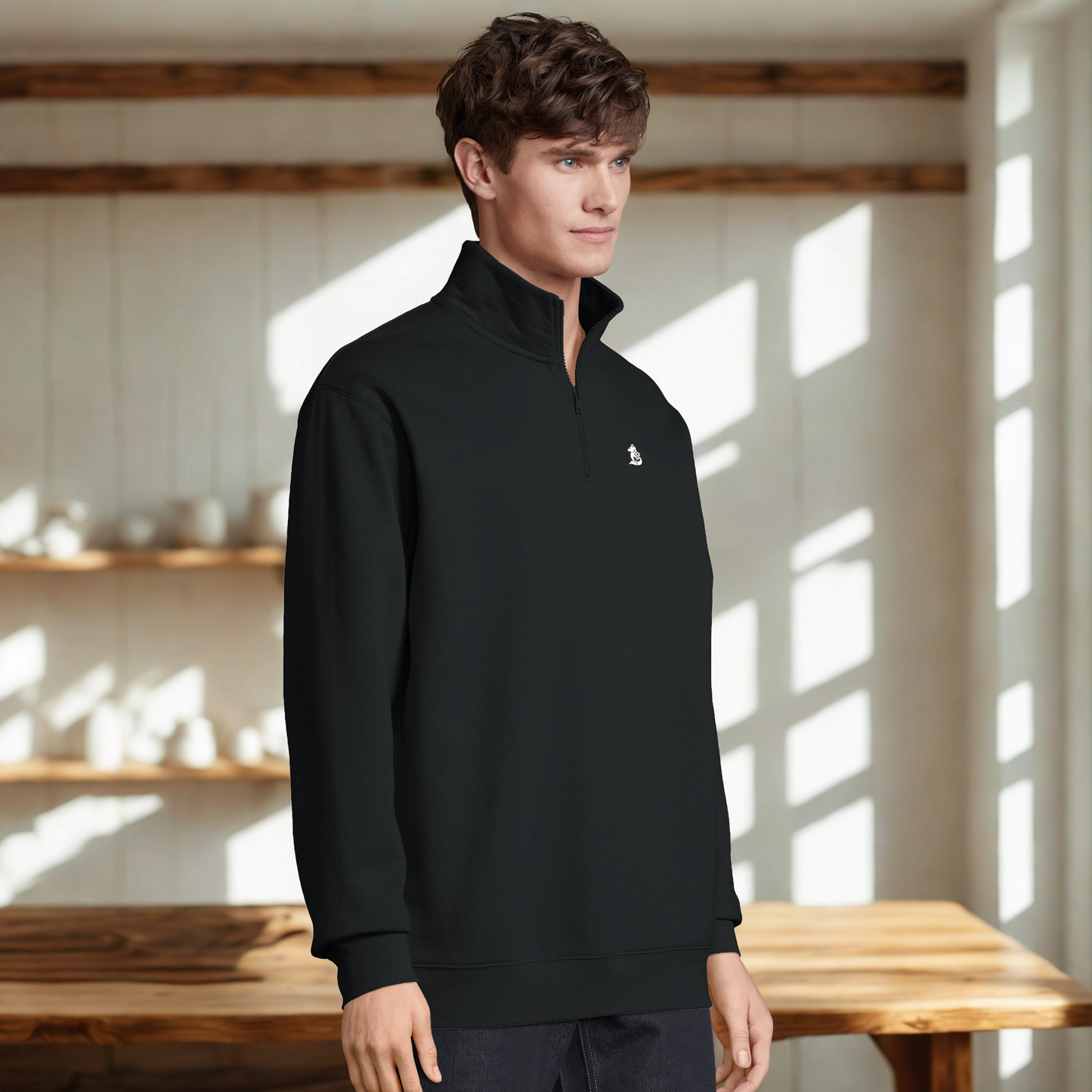 Nordic Wolf and Flower Minimalistic White print – Unisex Black Quarter-Zip Sweatshirt