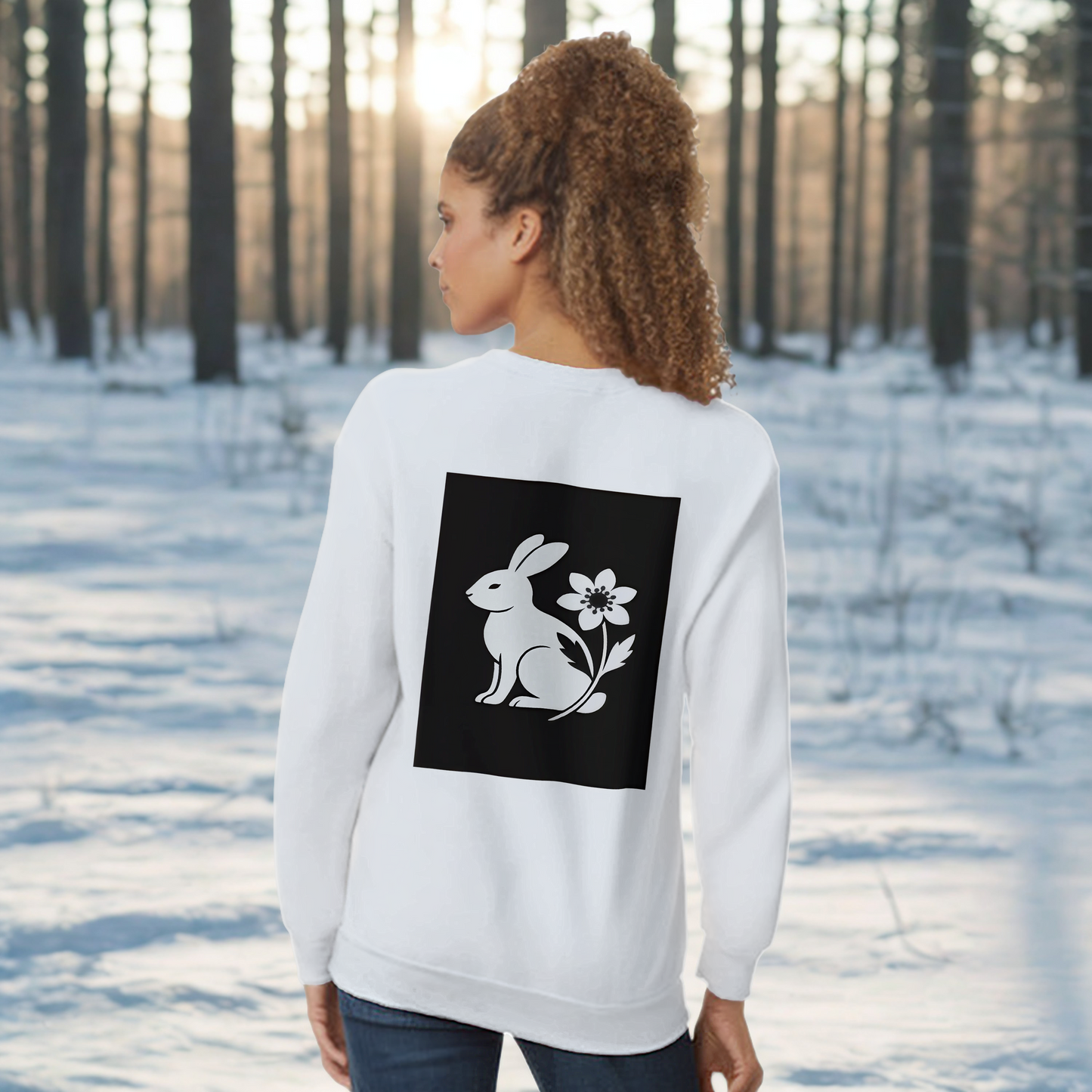 Nordic Hare and Flower White on Black Print – Minimalist White Crewneck by Varg & Vitsippa