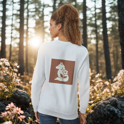 Nordic Wolf & Flower Beige on Brown print - Unisex White Crewneck Sweatshirt
