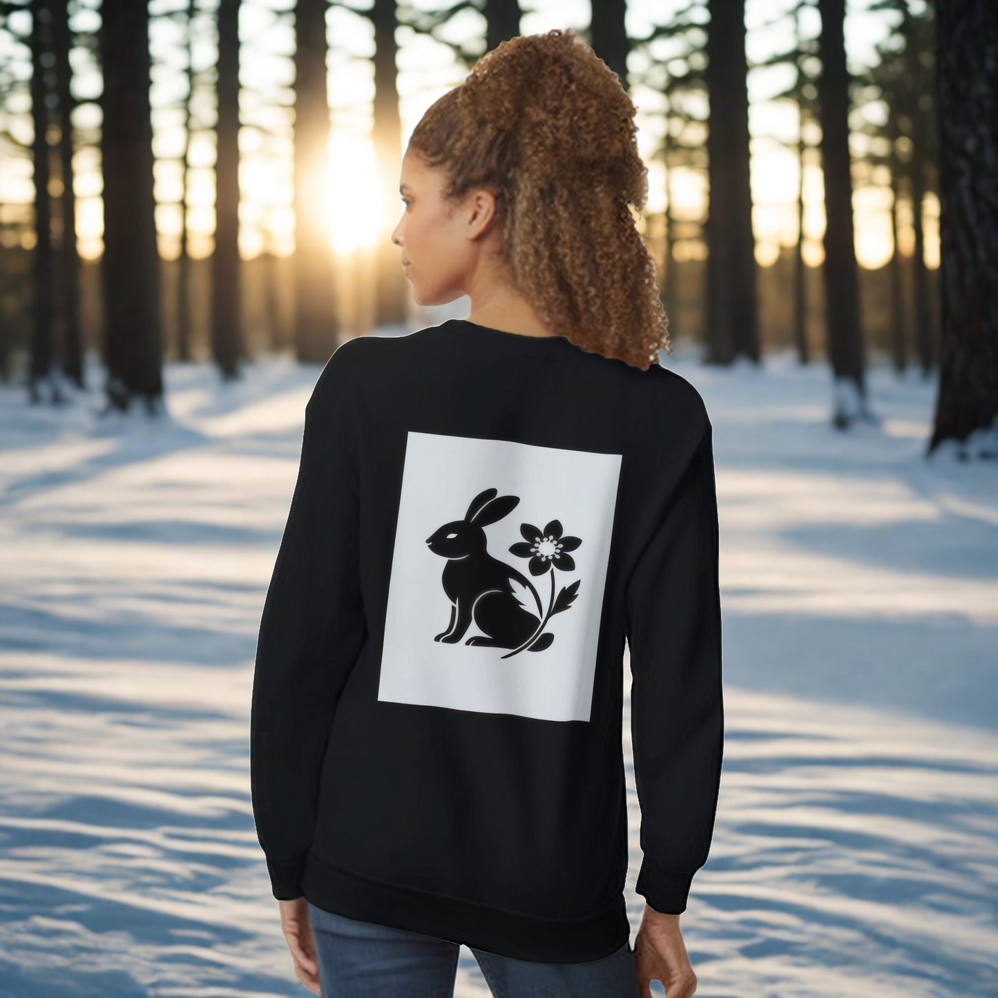 Nordic Hare and Flower sweatshirt – Minimalist Black Crewneck by Varg & Vitsippa
