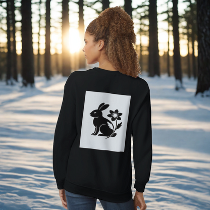 Nordic Hare and Flower sweatshirt – Minimalist Black Crewneck by Varg & Vitsippa