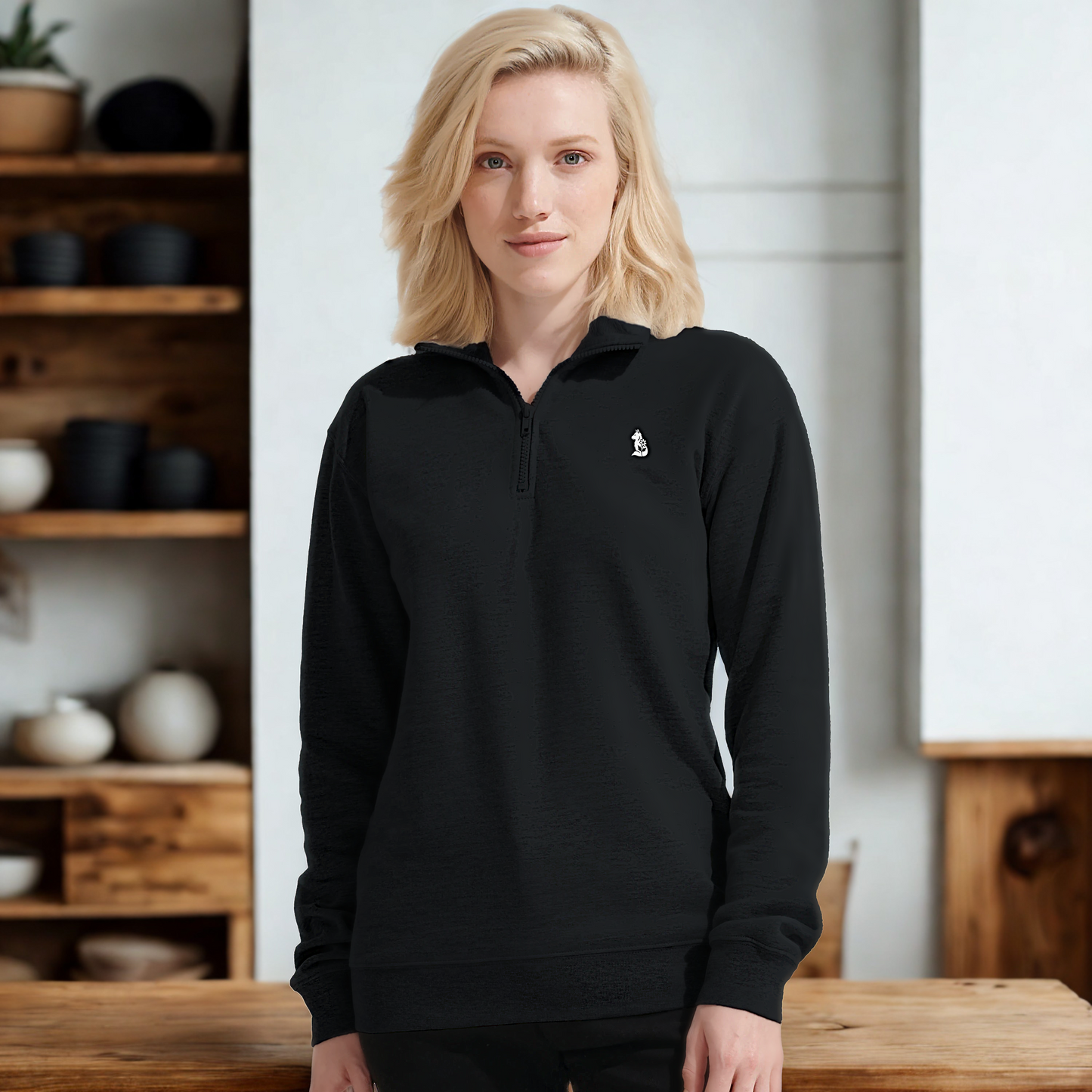 Nordic Wolf and Flower Minimalistic White print – Unisex Black Quarter-Zip Sweatshirt