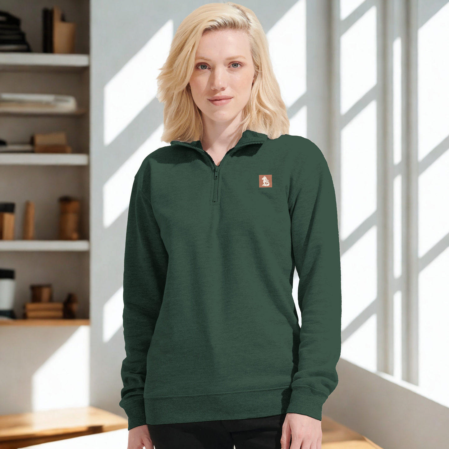 Nordic Wolf and Flower Sweatshirt beige on brown print – Minimalist Forest Green Quarter-Zip Sweatshirt by Varg & Vitsippa