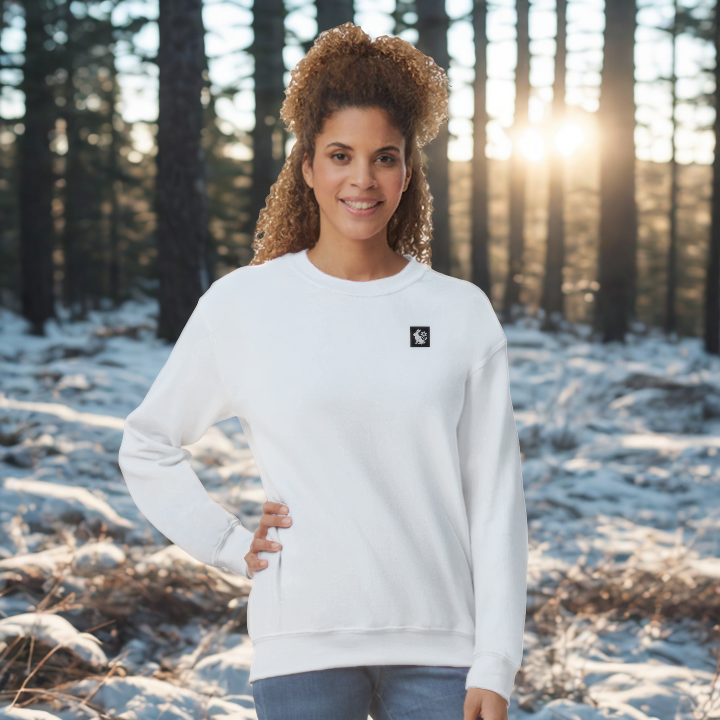 Nordic Hare and Flower White on Black Print – Minimalist White Crewneck by Varg & Vitsippa